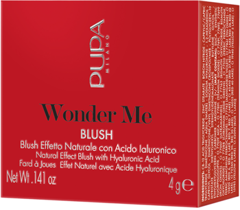 Czerwone, prostokątne pudełko PUPA Wonder Me BLUSH Natural Effect z kwasem hialuronowym, widok z przodu i z boku.