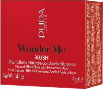 Czerwone, prostokątne pudełko PUPA Wonder Me BLUSH Natural Effect z kwasem hialuronowym, widok z przodu i z boku.