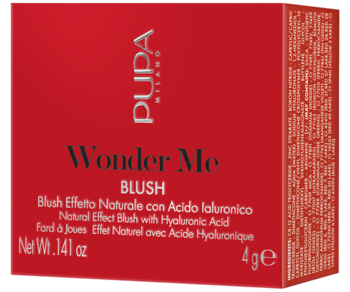 PUPA Wonder Me BLUSH w czerwonym pudełku z kwasem hialuronowym, widok z góry i przodu.
