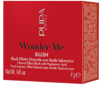 PUPA Wonder Me BLUSH w czerwonym pudełku z kwasem hialuronowym, widok z góry i przodu.