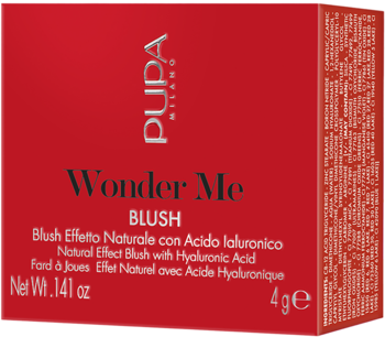 Czerwony róż PUPA Wonder Me BLUSH z kwasem hialuronowym, naturalny efekt, widok z przodu opakowania.