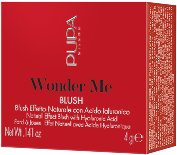 Czerwony róż PUPA Wonder Me BLUSH z kwasem hialuronowym, naturalny efekt, widok z przodu opakowania.