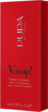 Czerwone pudełko paletki cieni PUPA Vamp! Palette 4 Eyeshadows, widok z przodu z srebrnym logo.