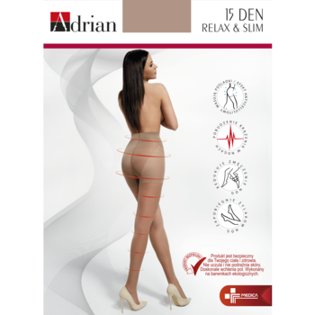 Adrian Relax & Slim 15 DEN, cieliste rajstopy na modelce, ukazujące wyszczuplenie i efekt masażu nóg.