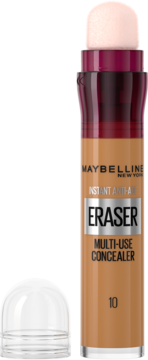 Korektor Maybelline Instant Eraser, odcień 10, w brązowej tubce z aplikatorem i zdjętą nakrętką.