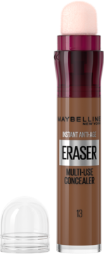 Maybelline Instant Eraser korektor, brązowa tubka, nr 13, z gąbką i zdjętą przezroczystą nakrętką.