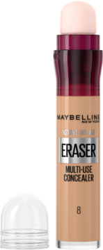 Maybelline Instant Eraser, beżowy korektor z gąbeczką, widok z przodu, obok leży zdjęta nakładka.