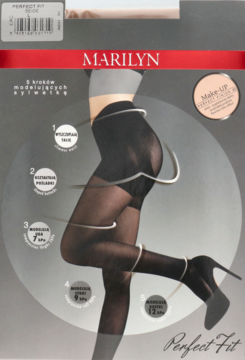 Opakowanie rajstop Marilyn Perfect Fit. Czarne rajstopy modelujące sylwetkę w 5 krokach, z zaznaczonymi strefami kompresji.