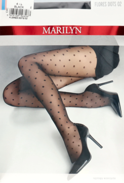 Opakowanie czarnych, wzorzystych rajstop Marilyn Flores Dots Q2 w kropki, pokazanych na modelce z obcasami.