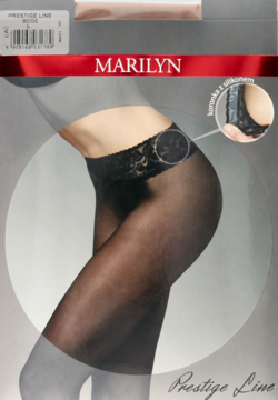 Opakowanie rajstop Marilyn Prestige Line. Czarne, półmatowe biodrówki z koronkowym pasem i silikonem, na modelce.