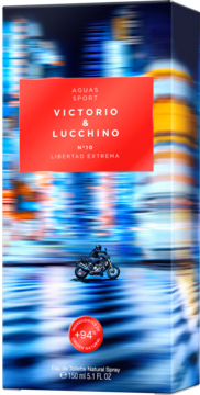 Pionowe opakowanie wody toaletowej Victorio & Lucchino Nº10 Libertad. Czerwono-niebieskie z motocyklem na tle świateł miasta.