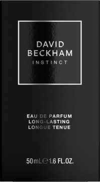 Czarny, matowy kartonik David Beckham Instinct EDP 50ml, z srebrnym logo i napisem LONG-LASTING, widok z przodu.