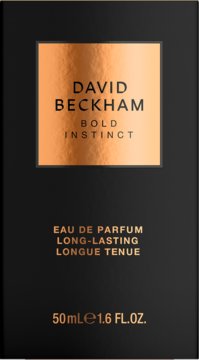 Pudełko perfum David Beckham Bold Instinct EDP, czarne z miedzianą etykietą, widok z przodu, 50ml.