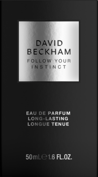 Czarny kartonik David Beckham Follow Your Instinct 50ml EDP, z metaliczną etykietą, widok z przodu.