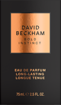 Czarny kartonik perfum David Beckham Bold Instinct 75 ml, z miedzianym, metalicznym panelem, widok z przodu.