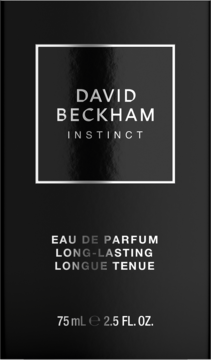 Czarne pudełko perfum David Beckham Instinct EDP 75 ml, z białymi napisami, widok z przodu.