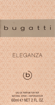 Jasnoróżowe opakowanie perfum damskich Bugatti ELEGANZA 60ml z delikatnym geometrycznym wzorem, widok z przodu.