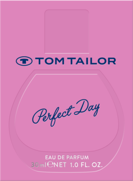 Różowe opakowanie perfum Tom Tailor Perfect Day Eau de Parfum, z widocznym kształtem butelki, widok z przodu.