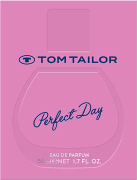 Różowe opakowanie Tom Tailor Perfect Day Eau de Parfum, z zarysem flakonu i czarnymi napisami.