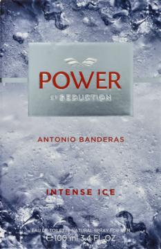 Front opakowania Antonio Banderas Power By Seduction Intense Ice 100ml, szaro-niebieskie lodowe tło, czerwony napis POWER.