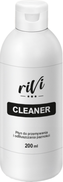 Biała butelka rivi Cleaner 200 ml, płyn do paznokci, widok z przodu, czarna etykieta, cherry scent.