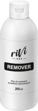 Biała butelka Removera Rivi o zapachu wiśniowym, widok z przodu, do usuwania produktów hybrydowych, 200ml.