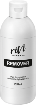 Biała butelka Removera Rivi o zapachu wiśniowym, widok z przodu, do usuwania produktów hybrydowych, 200ml.