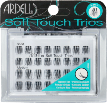 Ardell Soft Touch Trios, czarne rzęsy kępki w przezroczystym opakowaniu, widoczne rozmiary Short i Medium.
