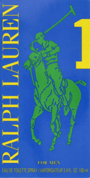 Pudełko Ralph Lauren The Big Pony 1 Blue EDT For Men, niebieskie z zielonym polo i dużym żółtym „1”.