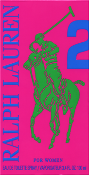 Ralph Lauren The Big Pony 2 Pink EDT, różowe opakowanie, zielony gracz polo, duża niebieska cyfra 2, widok z przodu.