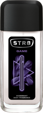 STR8 GAME męski zapachowy spray, butelka z czarną etykietą, logo STR8, fioletowe litery GAME i wzory.