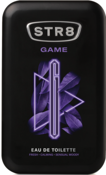 STR8 GAME męska woda toaletowa w czarnym flakonie z purpurowym, neonowym wzorem. Widok z przodu.