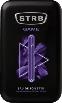 STR8 GAME męska woda toaletowa, czarna butelka z fioletową grafiką liści i logo, widok z przodu.
