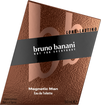 Metaliczne pudełko Bruno Banani Magnetic Man EDT 50ml, miedziane z czarnym paskiem, pod kątem.