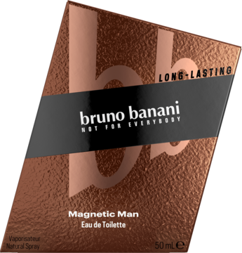 Metaliczne pudełko Bruno Banani Magnetic Man EDT 50ml, miedziane z czarnym paskiem, pod kątem.