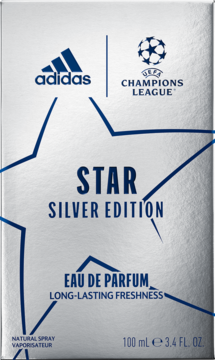 Adidas Star Silver Edition woda perfumowana 100ml, srebrne pudełko z metalicznym połyskiem i niebieską gwiazdą, widok z przodu.