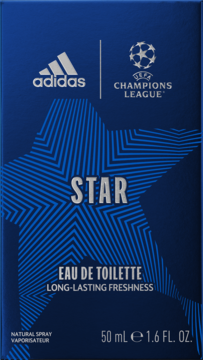 Niebieskie pudełko Adidas UEFA Champions League STAR EDT 50 ml, z dużą gwiazdą i srebrnymi napisami, widok z przodu.