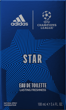 Ciemnoniebieskie opakowanie Adidas Champions League STAR woda toaletowa, z dużym napisem STAR i wzorem gwiazd.