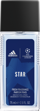 Adidas UEFA Champions League Star świeży dezodorant 75ml. Przezroczysta butelka z czarną nakrętką i granatową etykietą z gwiazdami.