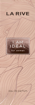 LA RIVE I AM IDEAL for woman EDP, jasnoróżowe opakowanie z kwiatowym wzorem i złotą etykietą, widok z przodu.