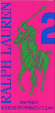 Fuksjowe opakowanie perfum Ralph Lauren Big Pony 2 Pink dla kobiet, z zielonym logo polo i niebieskimi napisami.