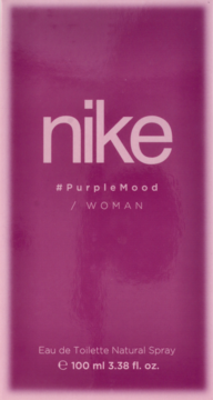 Fioletowe pudełko damskiej wody toaletowej Nike #PurpleMood 100 ml, z jasnoróżowym napisem, widok z przodu.