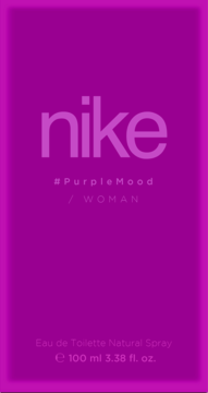 Fioletowe opakowanie wody toaletowej Nike #PurpleMood dla kobiet 100 ml, z jasnoróżowymi napisami, widok z przodu.