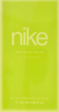 Neonowo zielona butelka perfum Nike #YummyMusk Woman 100 ml, widok z przodu, z jasnymi napisami.