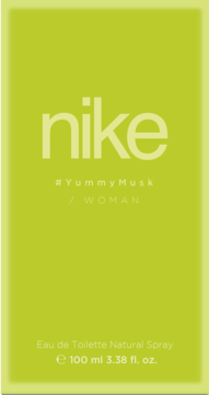 Jasnozielone opakowanie perfum Nike #YummyMusk Woman, Eau de Toilette 100ml, widok z przodu.