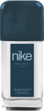 Nike #NightMode Man roll-on deodorant 75ml, dark teal cap, clear glass bottle, front view.