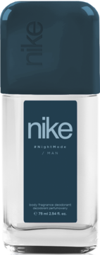 Nike #NightMode Man roll-on deodorant 75ml, dark teal cap, clear glass bottle, front view.