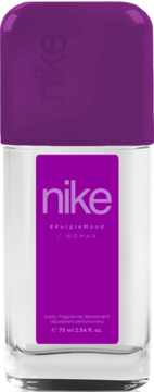 Dezodorant Nike Purple Mood Woman 75 ml, w przezroczystej butelce z fioletową etykietą i nakrętką, widok z przodu.