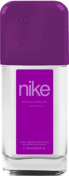 Dezodorant Nike Purple Mood Woman 75 ml, w przezroczystej butelce z fioletową etykietą i nakrętką, widok z przodu.