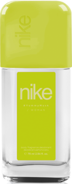 Nike Woman, dezodorant roll-on w przezroczystej butelce z limonkową etykietą i nakrętką, widok frontalny.